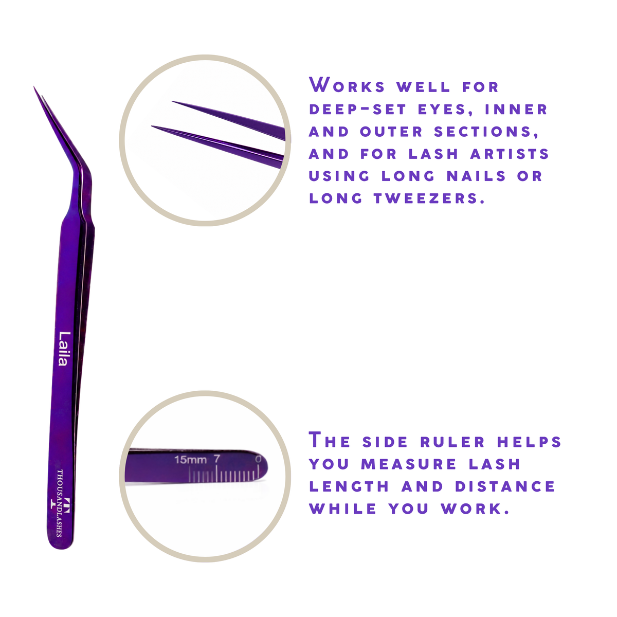 Purple Laila curved lash tweezer with angled pointed tip and built-in ruler markings for measuring and applying eyelash extensions.