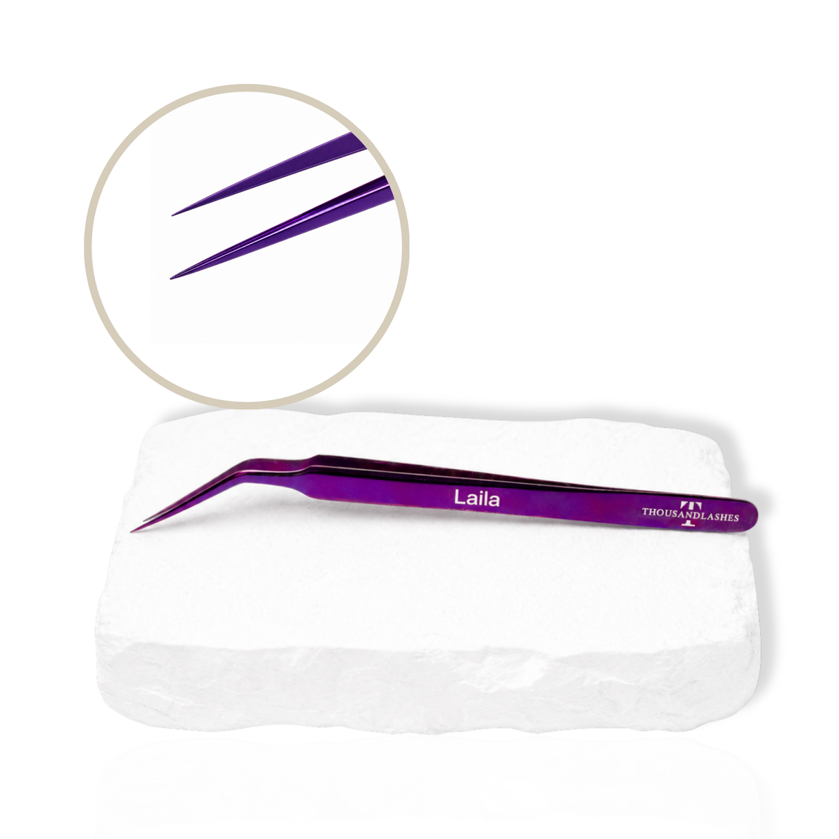 Purple Laila curved tip lash tweezer with pointed tip displayed on a white background for professional eyelash extension application.