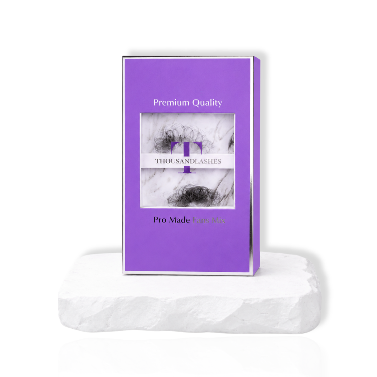 Purple ThousandLashes Pro Made Volume Fans Mix Length lash tray standing upright with volume lash fans for professional lash artists