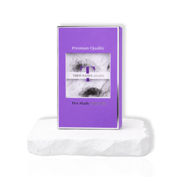 Purple ThousandLashes Pro Made Volume Fans Mix Length lash tray standing upright with volume lash fans for professional lash artists