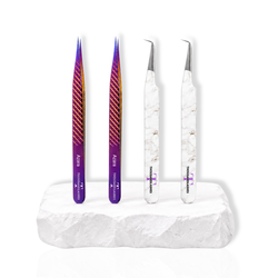 Purple and marble design eyelash extension tweezers displayed on a white platform for precision lash application.