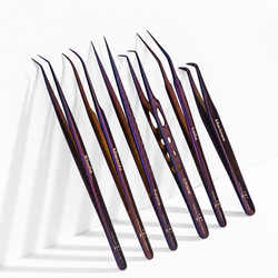 Purple eyelash extension tweezer set displayed in different shapes and angles for precision lash application.