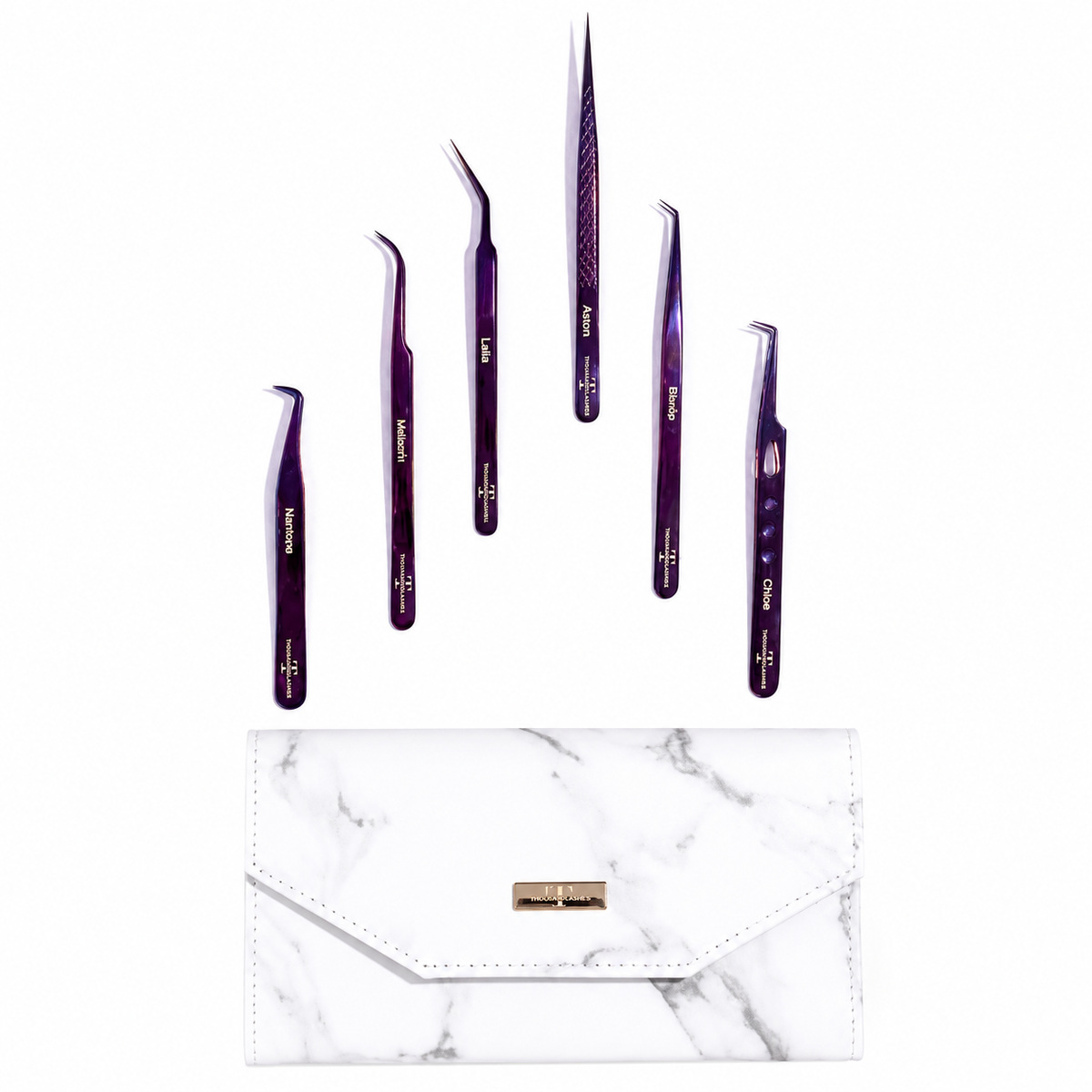Purple lash tweezers set displayed above a marble storage case for eyelash extension tools and precision lash application.