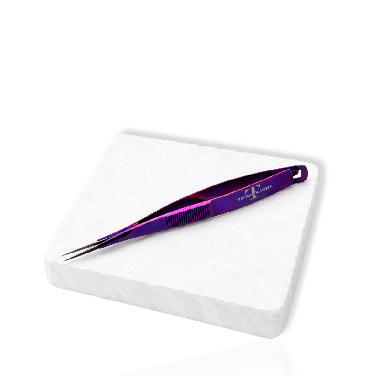 Purple lash tweezers with angled tips