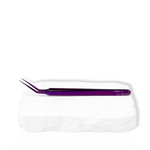 Purple precision lash extension tweezer with pointed angled tip displayed on a white background for professional eyelash application.