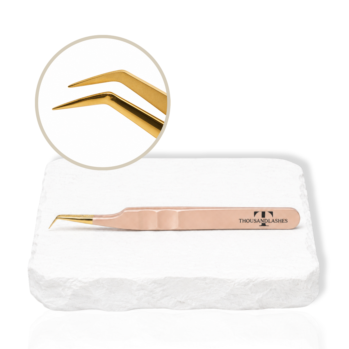 Rose gold 45-degree isolation lash tweezer with angled gold tip for precise eyelash extension application.