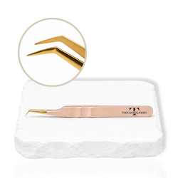 Rose gold 45-degree isolation lash tweezer with angled gold tip for precise eyelash extension application.