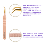 Rose gold 45-degree lash isolation tweezer with angled gold tip and textured handle for precise eyelash extension application.