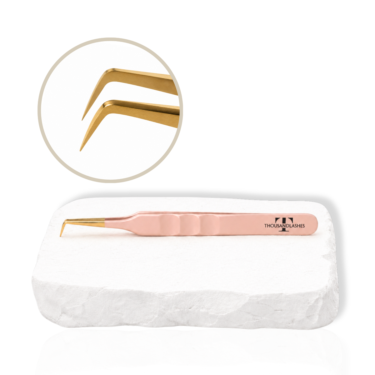 Rose gold 90-degree lash tweezer with angled gold tip for precise eyelash extension application.