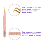 Rose gold L-shaped lash tweezer with angled gold tip and textured handle for precise eyelash extension application.