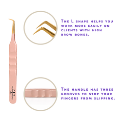 Rose gold L-shaped lash tweezer with angled gold tip and textured handle for precise eyelash extension application.