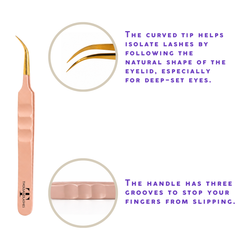 Rose gold curved isolation lash tweezer with gold curved tip and textured handle for precise eyelash extension application.