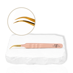 Rose gold curved lash tweezer with gold curved tip for precise eyelash extension application.