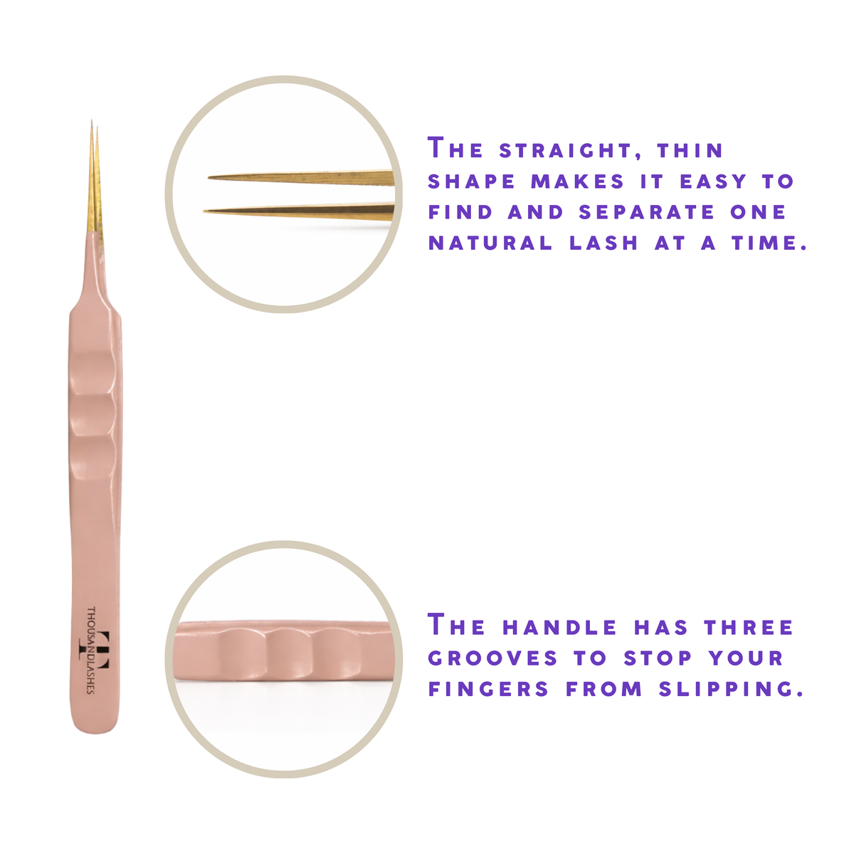 Rose gold straight isolation lash tweezer with thin gold tip and textured handle for precise eyelash extension application.
