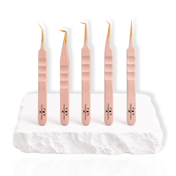 Set of five rose gold lash tweezers with different tips displayed upright on a white background for eyelash extension applications.