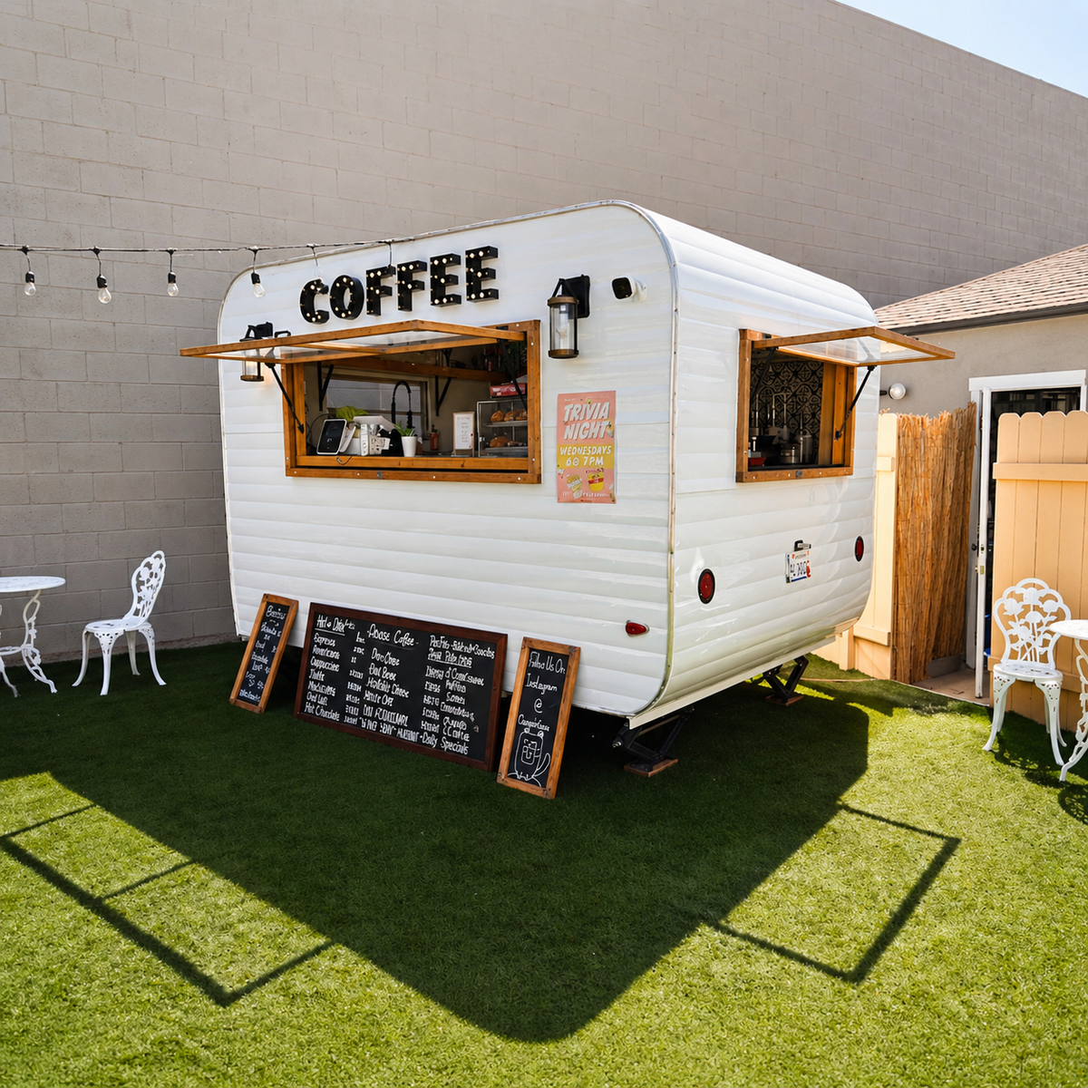 Small outdoor coffee trailer setup with seating area and event decorations.