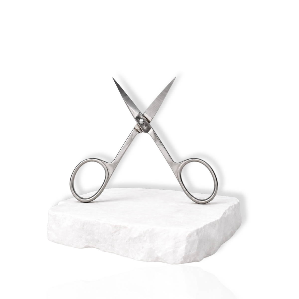 Stainless steel precision lash scissors with open blades displayed on a white stone surface against a white background.