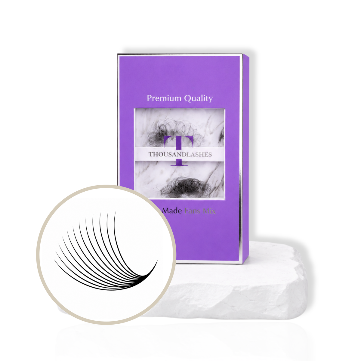 ThousandLashes 12D Pro Made Volume Fans Mix Length eyelash extension tray with lightweight pre-made volume fans displayed on a white platform