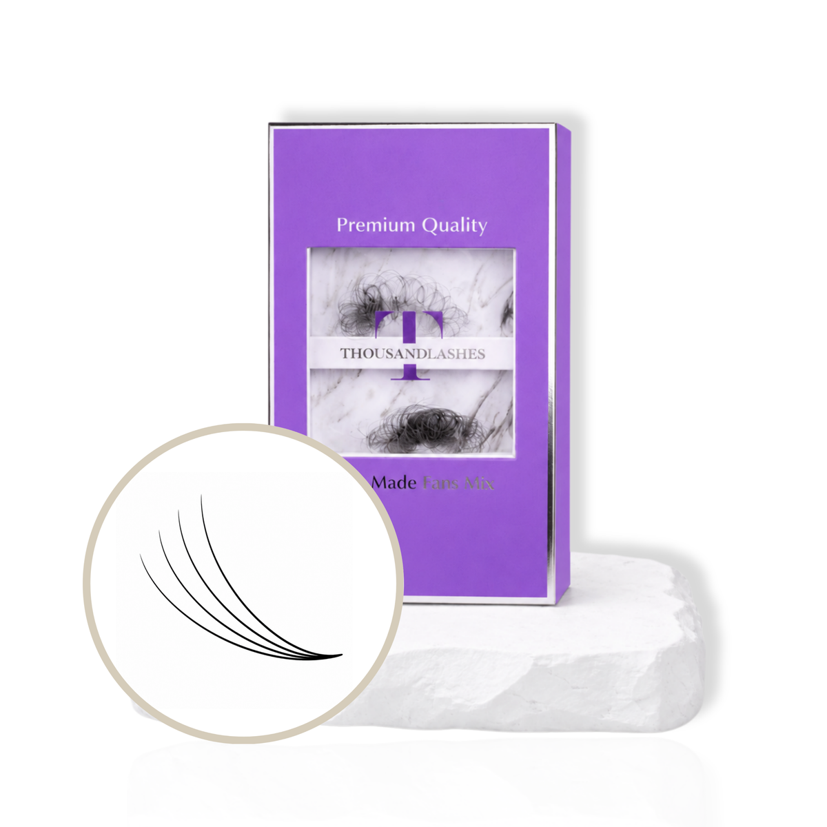 ThousandLashes 4D Pro Made Volume Fans Mix Length eyelash extension tray with lightweight pre-made volume fans displayed on a white platform