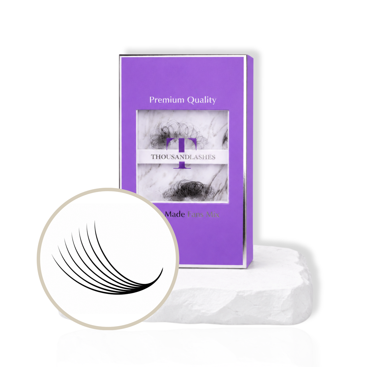 ThousandLashes 7D Pro Made Volume Fans Mix Length eyelash extension tray with lightweight pre-made volume fans displayed on a white platform