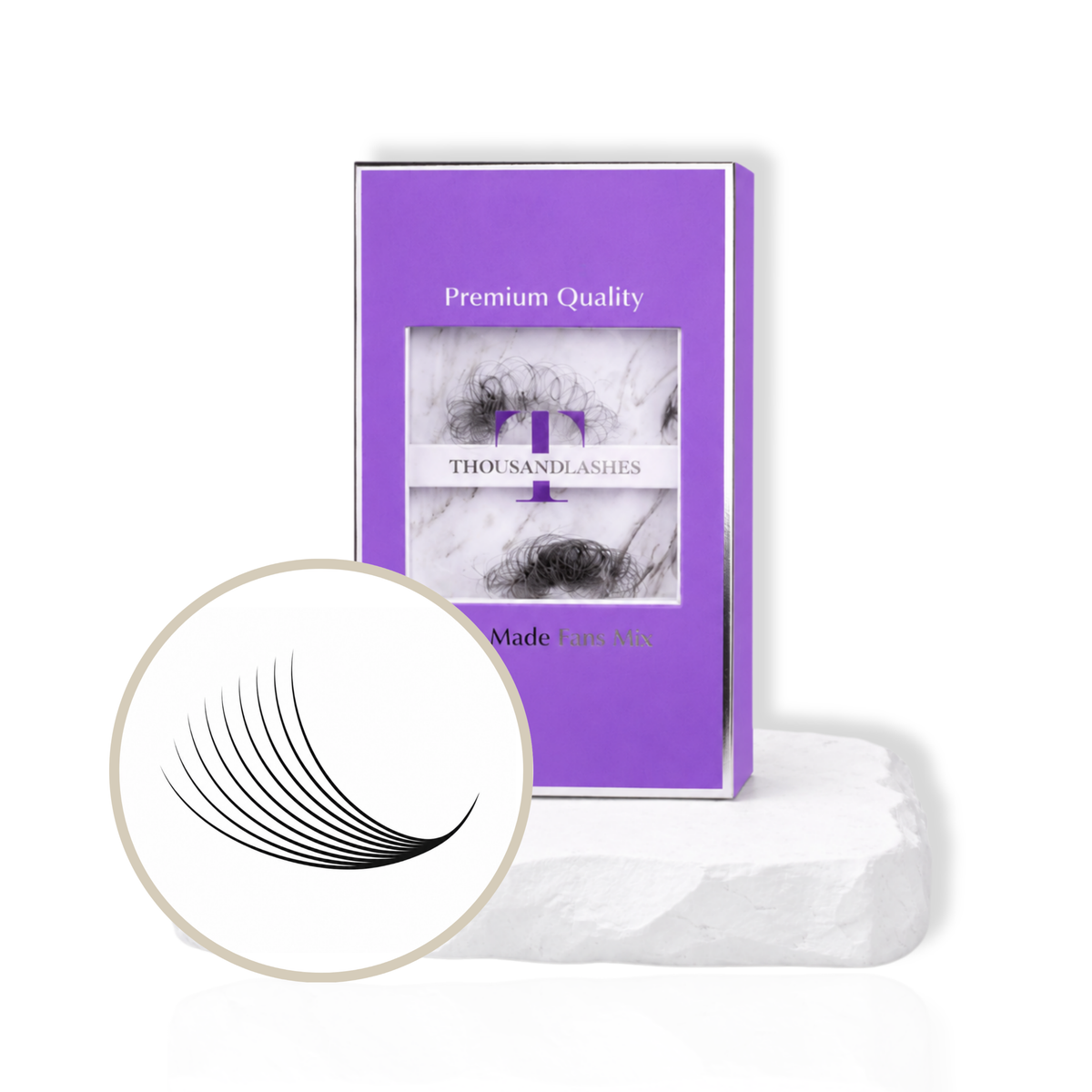 ThousandLashes 9D Pro Made Volume Fans Mix Length eyelash extension tray with lightweight pre-made volume fans displayed on a white platform