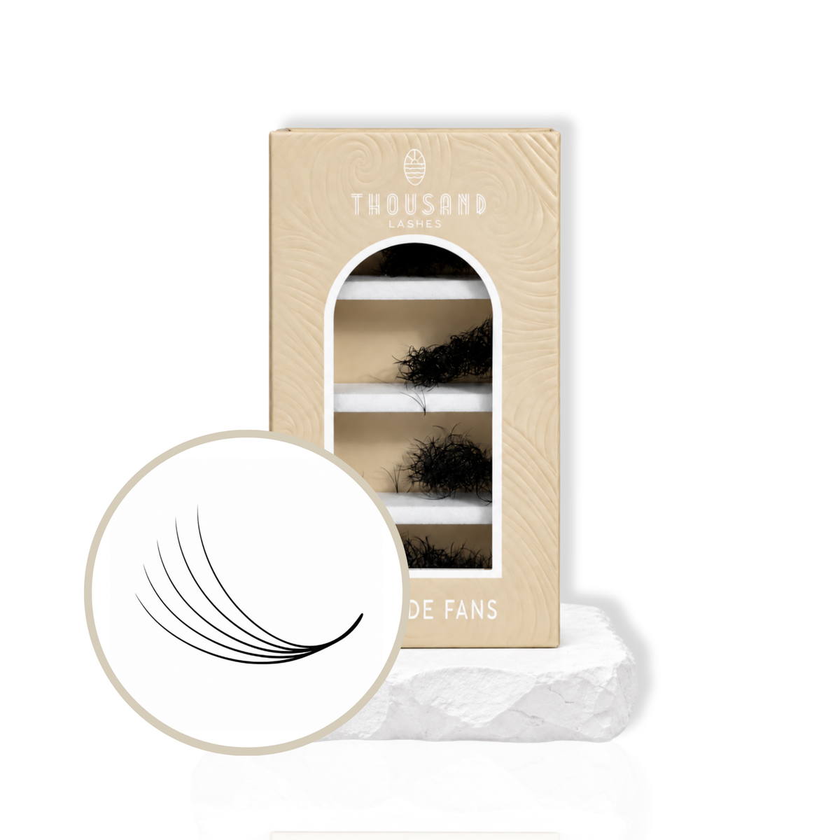 Thousandlashes 5D Promade Fans lash box with close-up of wide curved lash fans