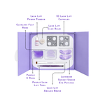 Thousand Lashes Korean Lash Lift Kit displayed in a purple box with labeled lash lift tools, including lash lift capsules, power powder, glue balm, flat rods, U rods, angled brush, lash lift tool, and under eye patches.