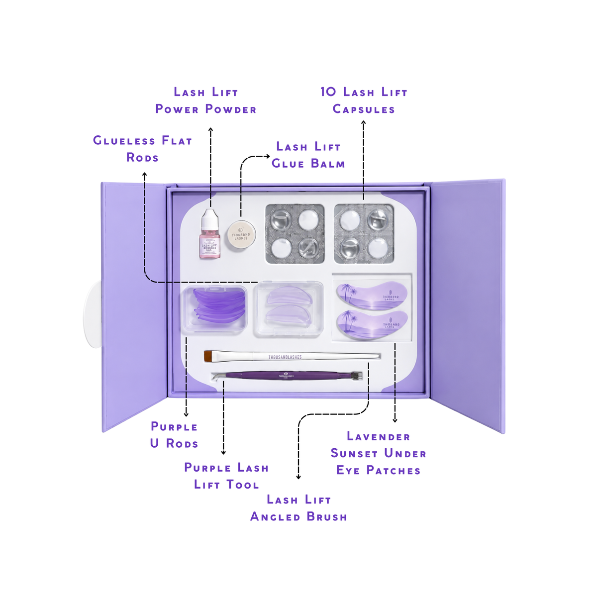 Thousand Lashes Korean Lash Lift Kit displayed in a purple box with labeled lash lift tools, including lash lift capsules, power powder, glue balm, flat rods, U rods, angled brush, lash lift tool, and under eye patches.