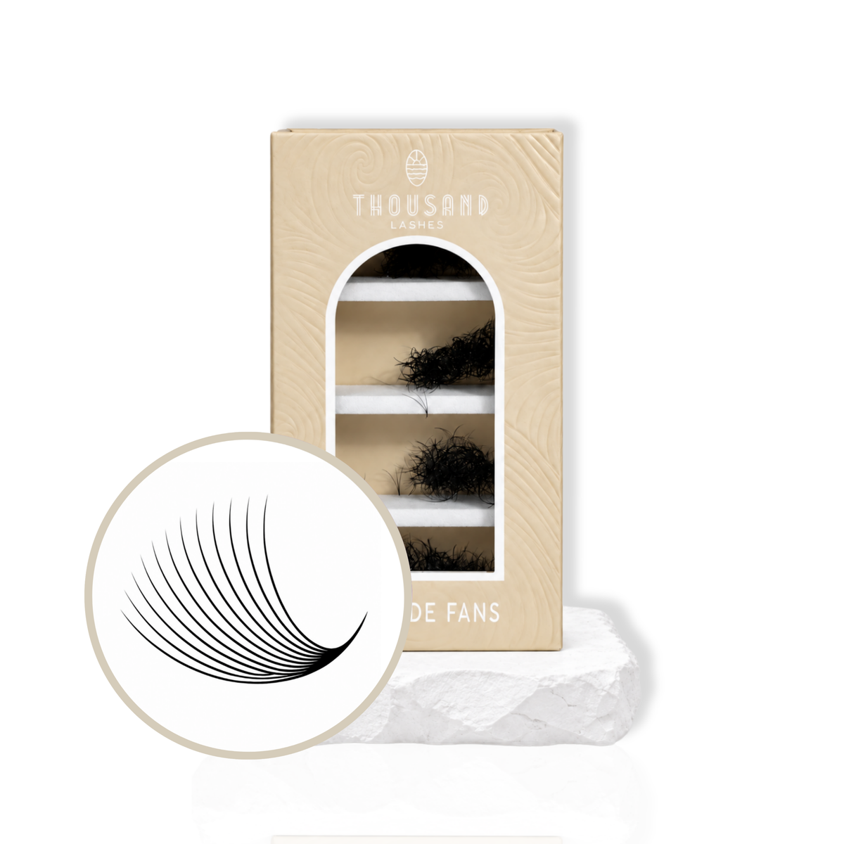 Thousandlashes 12D Promade Fans lash box with close-up of wide curved lash fans