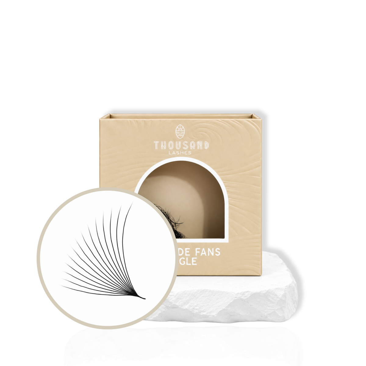 Thousandlashes 14D Pro-Made Volume Fans in beige lash tray with fan close-up