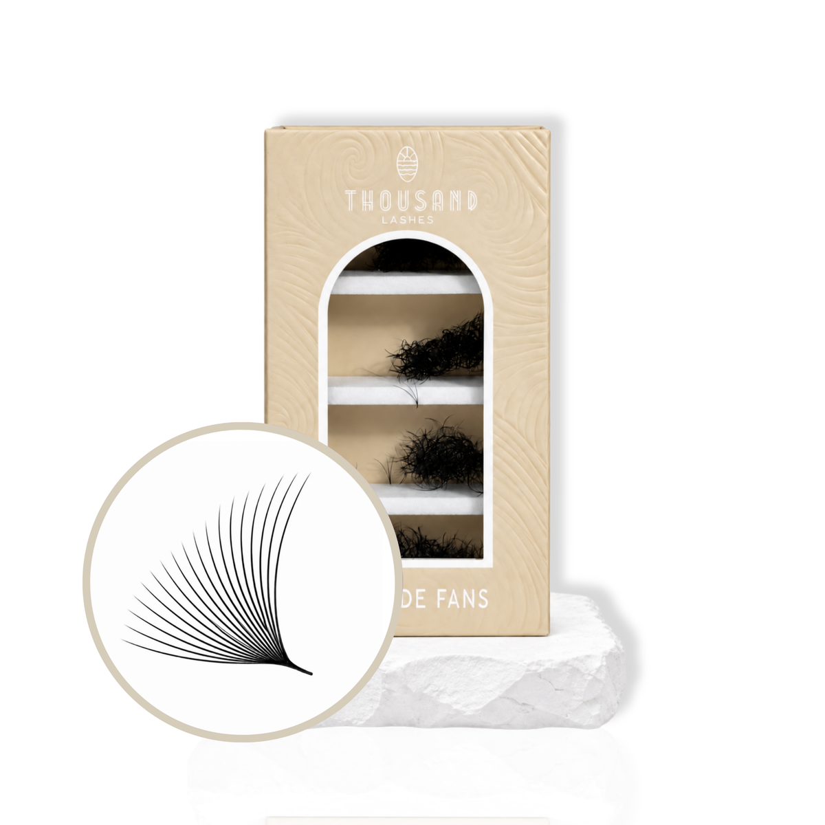 Thousandlashes 18D Promade Fans lash box with close-up of wide curved lash fans