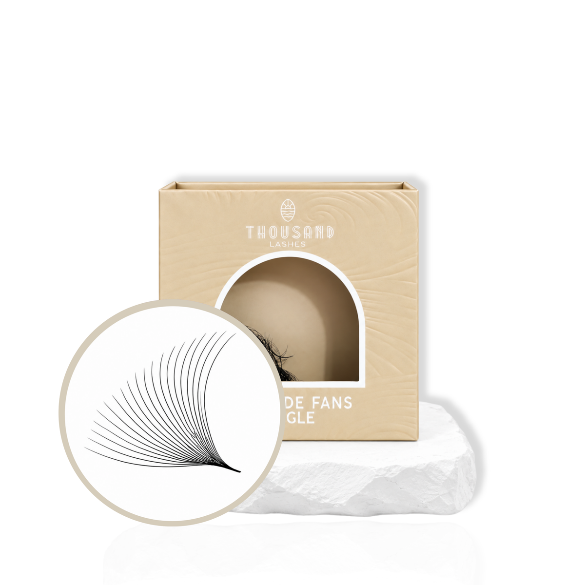 Thousandlashes 20D Pro-Made Volume Fans in beige lash tray with fan close-up