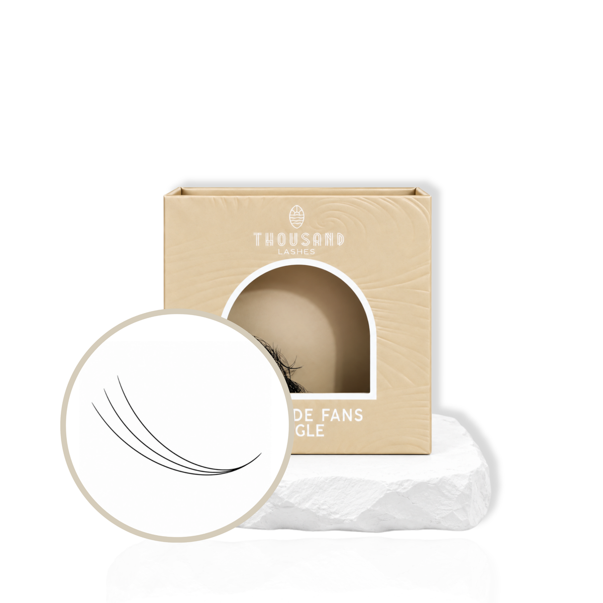 Thousandlashes 3D Pro-Made Volume Fans in beige lash tray with fan close-up