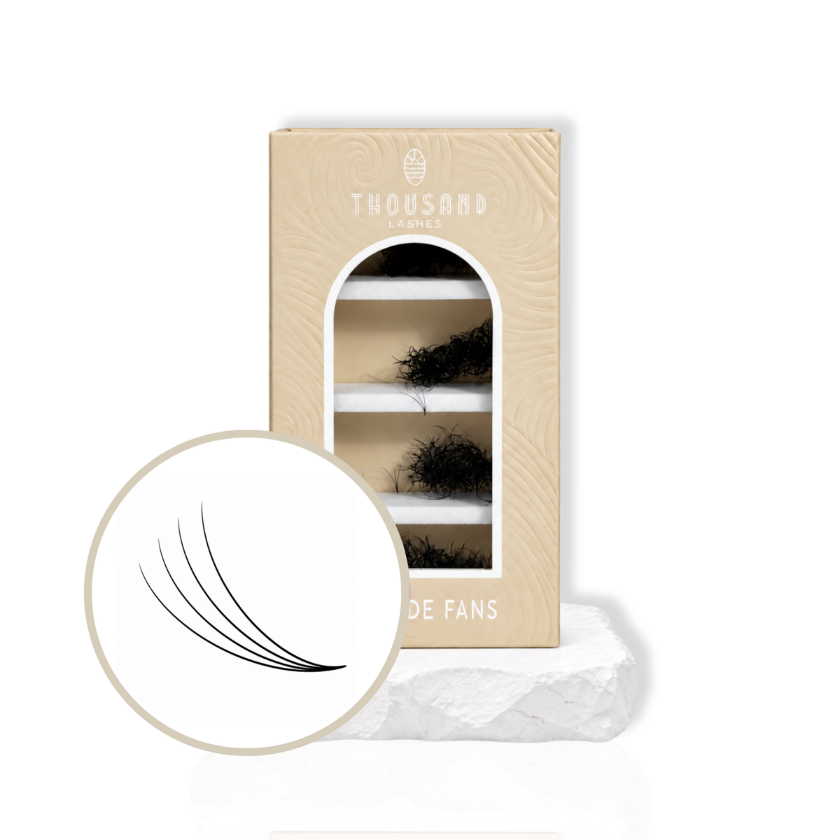 Thousandlashes 4D Promade Fans lash box with close-up of wide curved lash fans