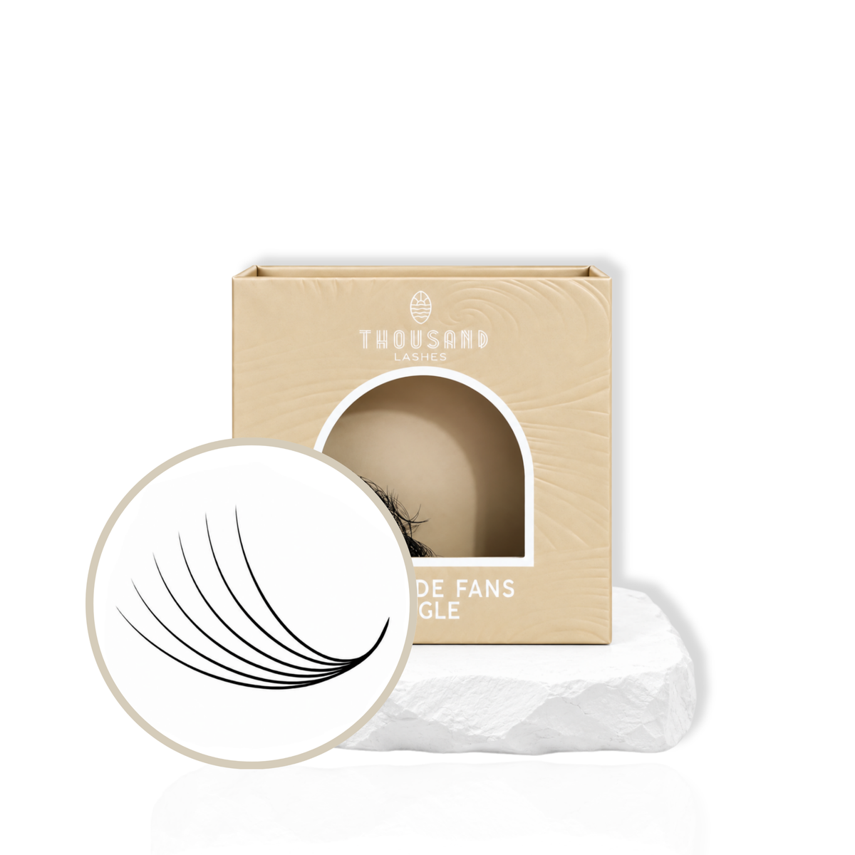 Thousandlashes 6D Pro-Made Volume Fans in beige lash tray with fan close-up