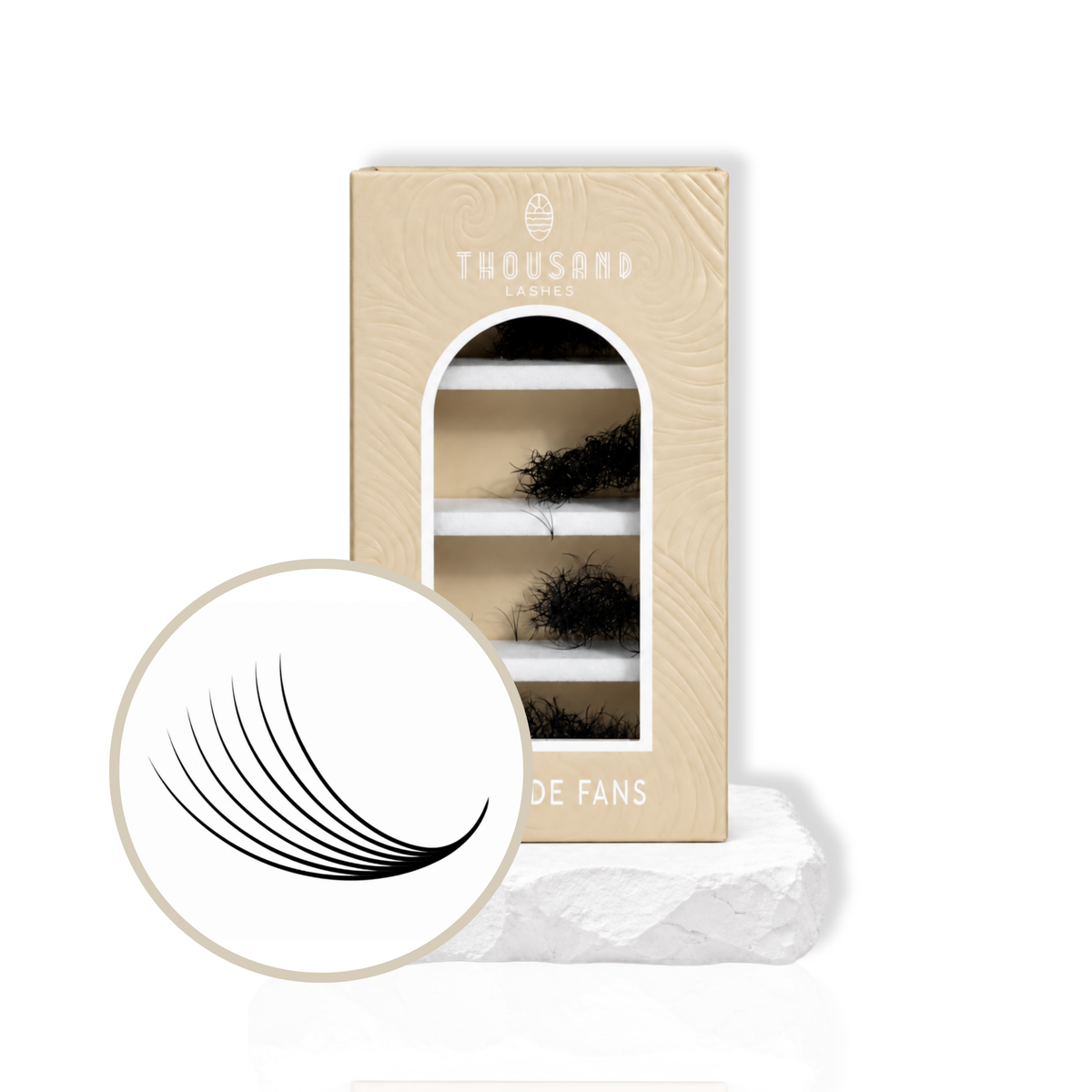 Thousandlashes 7D Promade Fans lash box with close-up of wide curved lash fans