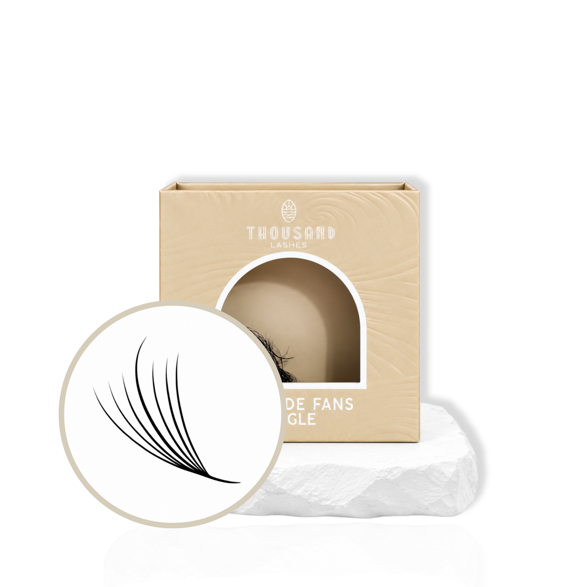 Thousandlashes 7D Promade Wispy Lashes in beige box with single fan close-up