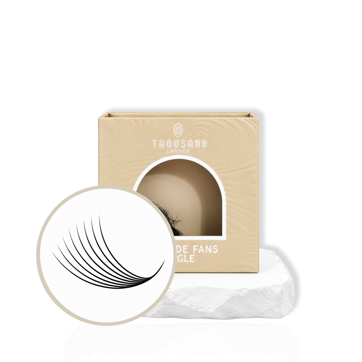 Thousandlashes 8D Pro-Made Volume Fans in beige lash tray with fan close-up