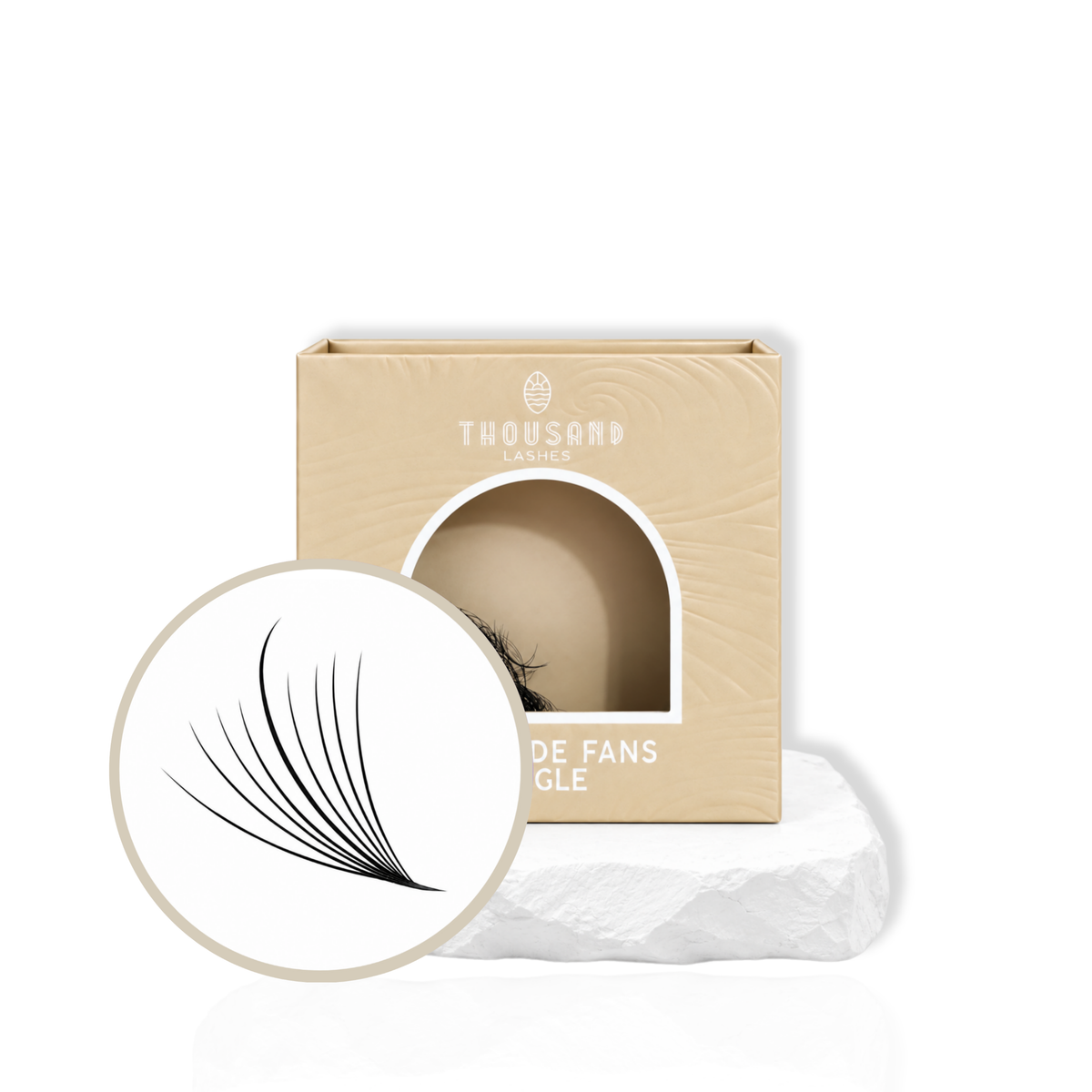 Thousandlashes 9D Pro-Made Wispy Lashes in beige lash tray with fan close-up