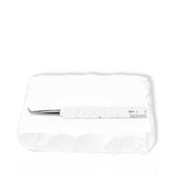 Thousandlashes Baby Isolation 45-degree tweezer shown from the reverse side on a white stone surface.
