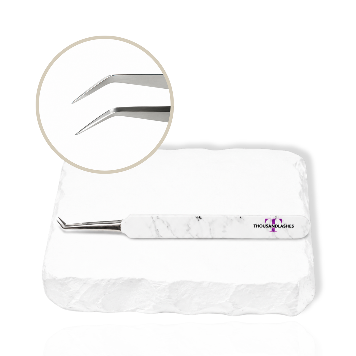 Thousandlashes Baby Isolation 45-degree tweezer with close-up view of the angled silver tip.