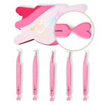 Thousandlashes Candy Tweezers Collection with five pink lash tweezers and close-up of the heart-shaped handle end.