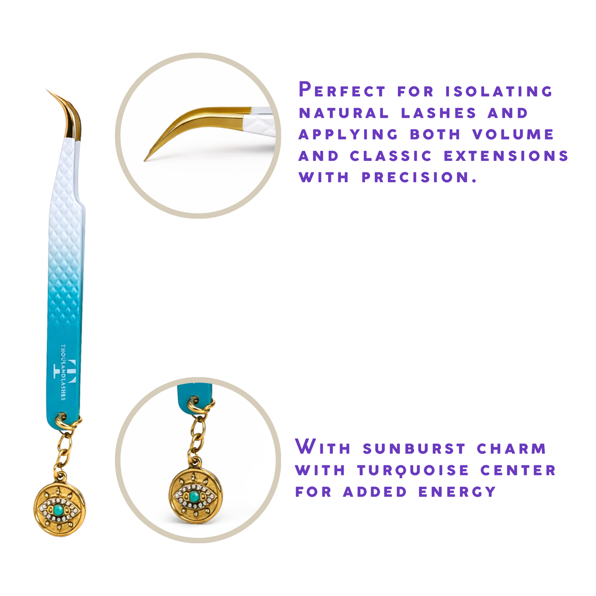 Thousandlashes Evil Eye curved isolation tweezer showing the curved gold tip and sunburst charm.