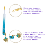 Thousandlashes Evil Eye curved lash tweezer showing the gold tip and blue evil eye sun charm.