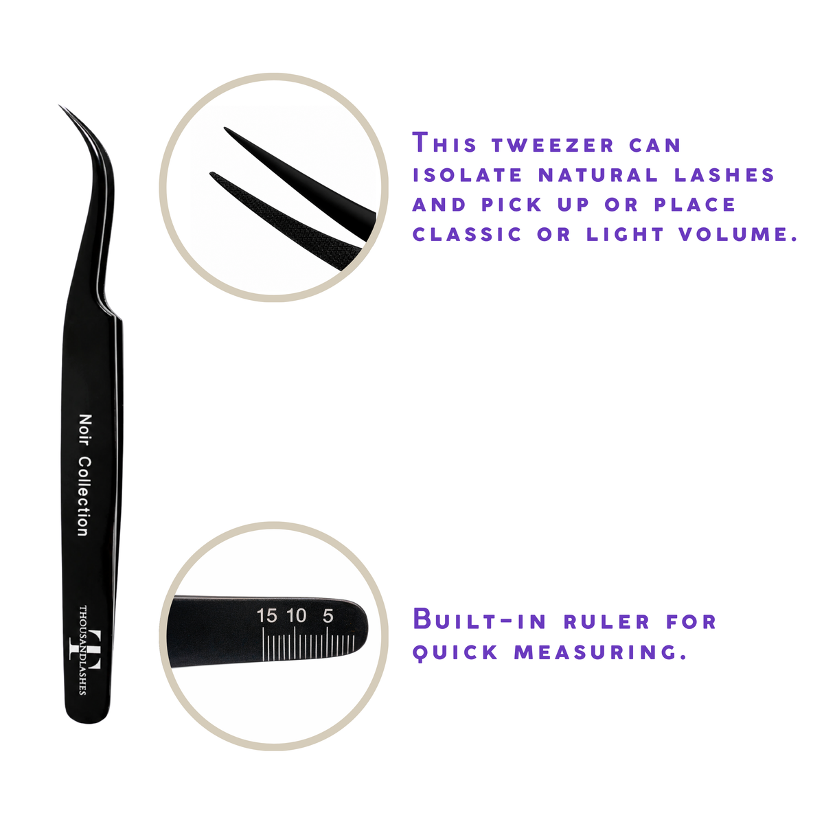 Thousandlashes Noir Collection tweezer showing the precision tip and built-in ruler.