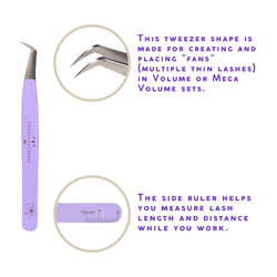 Thousandlashes purple Summer Spring Collection angled lash tweezer showing the tip shape and side ruler.