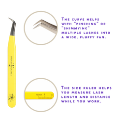 Thousandlashes yellow Summer Spring Collection angled lash tweezer showing the curved tip and side ruler.