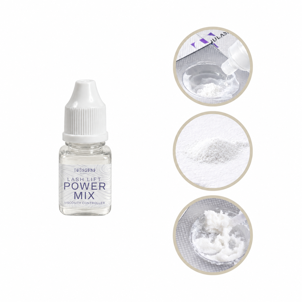 thousandlashes Lash Lift Power Mix bottle with close-up views of the white powder, liquid being added, and the mixed thickened formula.