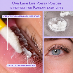 thousandlashes Lash Lift Power Powder shown during a Korean lash lift, with crescent-shaped lash lift rods, mixed powder formula, and lifted lash results.