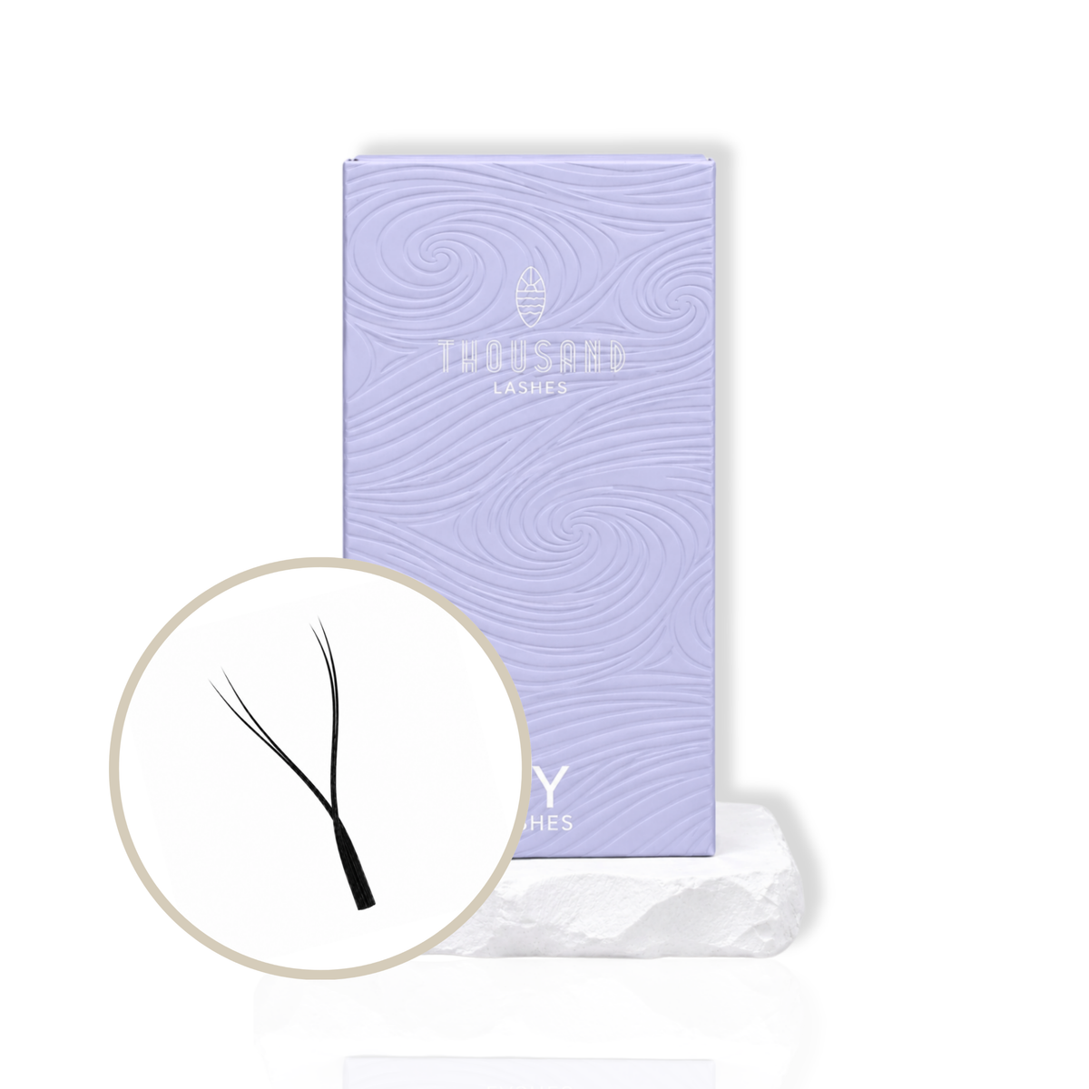 thousandlashes YY Lashes tray box with close-up view of a YY-shaped lash fan.